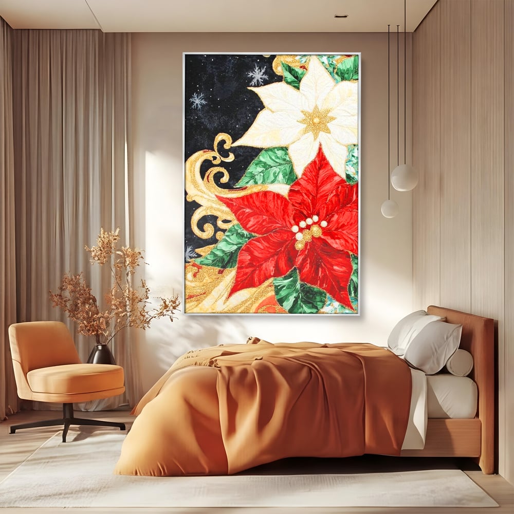 Tablou canvas cu tablou canvas cu craciunite rosii si albe, in rama de aluminiu argintiu, pe perete intr-un dormitor